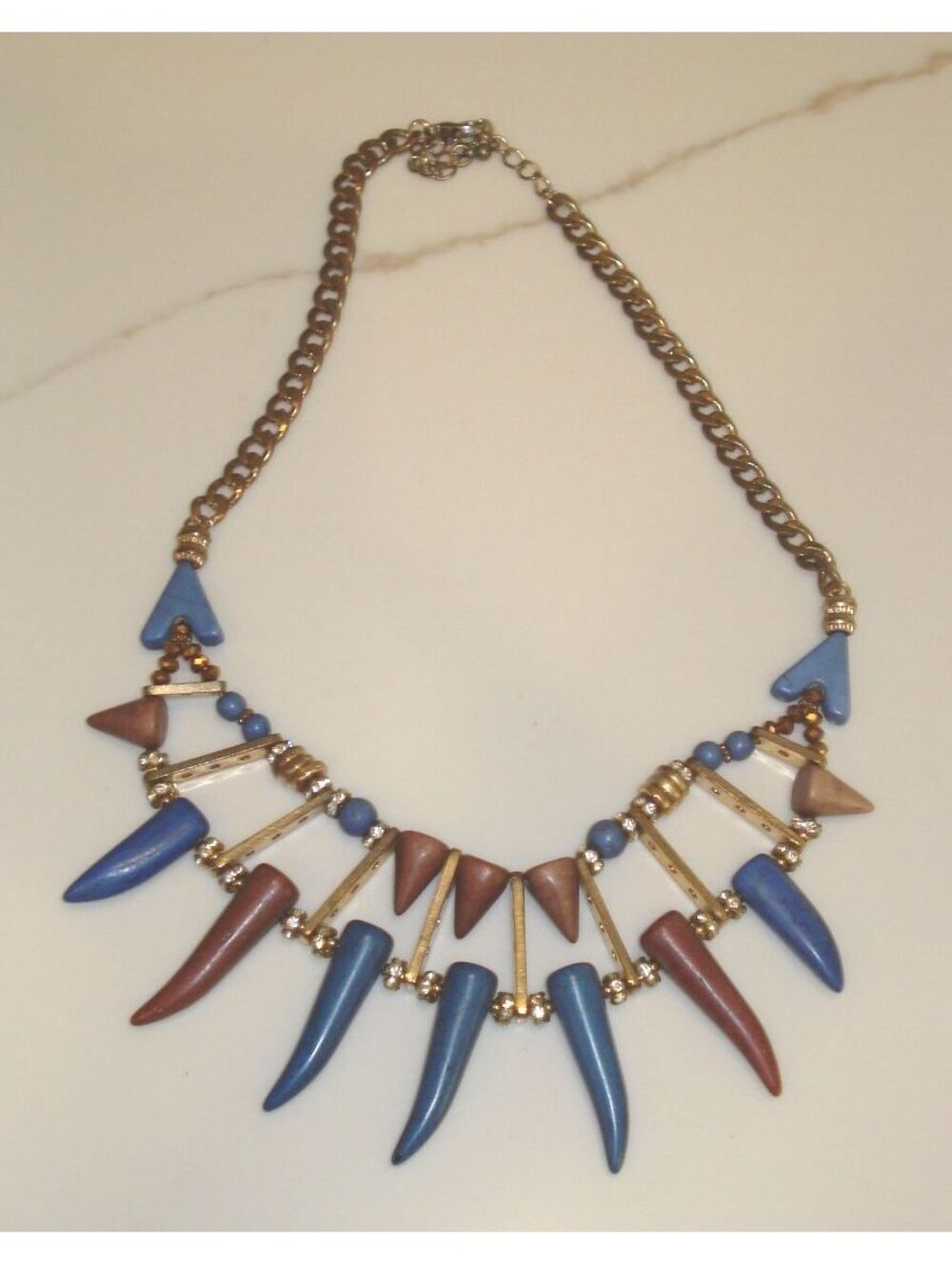 Vintage Boho Multi Color Horn, Bead and Rhinestone Faux Gold Statement Necklace